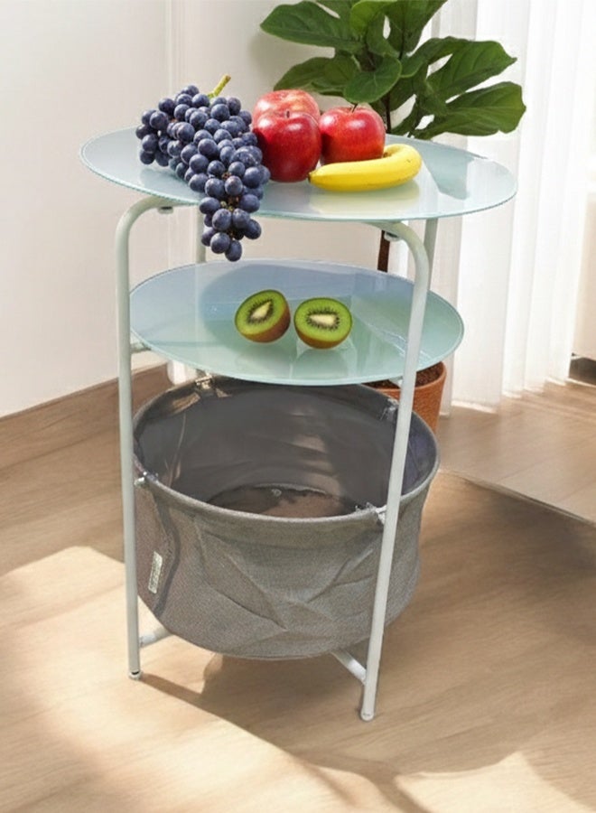 3-Tier Modern Outdoor Side Table with Frosted Tempered Glass Tops and Integrated Storage Basket - Image 1